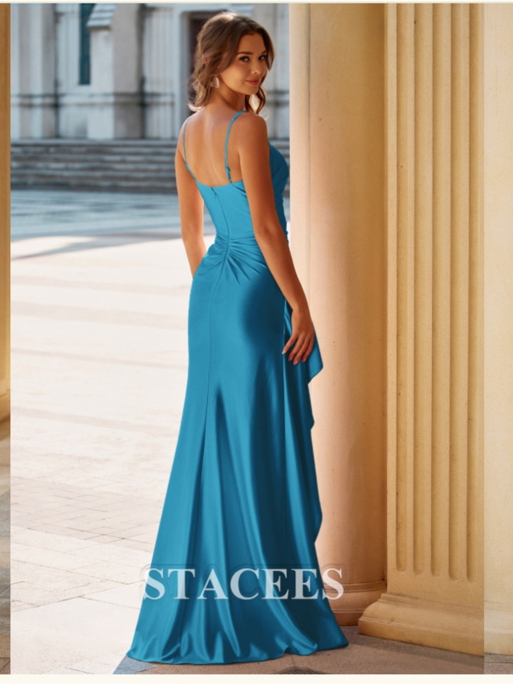 NWT | Stacees | Ink Blue Square Neckline Ruched Prom Dress w/Side Cascading Slit - Picture 2 of 5
